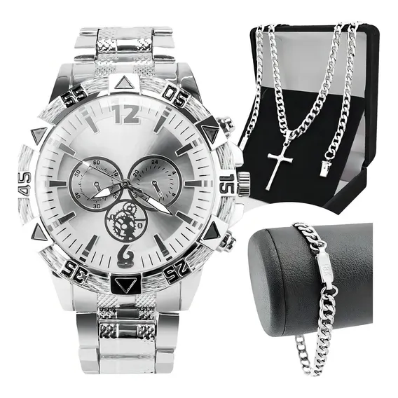 Relogio Masculino Prova Dagua Aço + Pulseira + Cordão Cruz Foto 1
