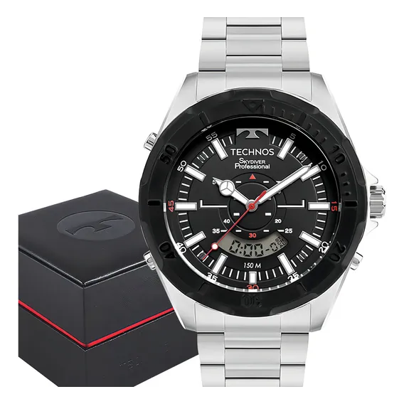 Rel贸gio Masculino Technos Skydiver Professional Prata Anadigi Fundo Preto Foto 1