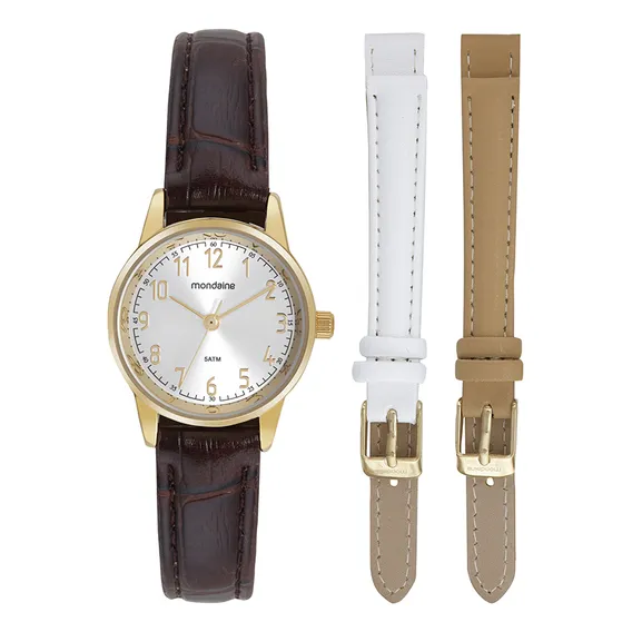 Relogio Mondaine Feminino Dourado Troca Pulseira Couro Kit Foto 1