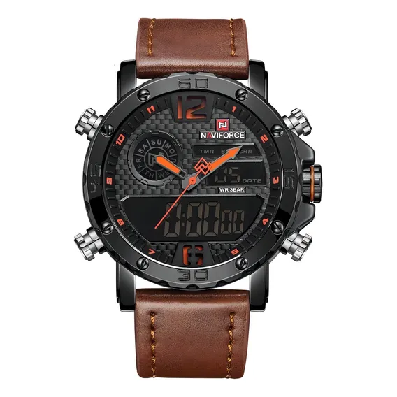 Relógio Naviforce 9134 Esportivo Digital Pulseira Couro Correia Marrom/laranja Foto 1