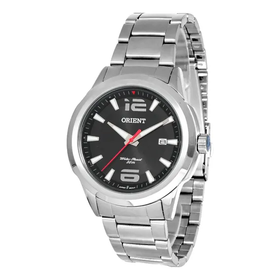 Relógio Orient Masculino Aço Mbss1208 Calendário Correia Prateado Bisel Prateado Fundo Preto Foto 1