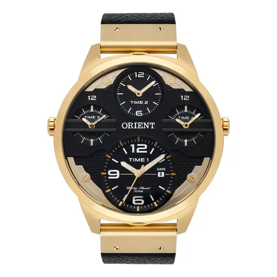Relogio Orient Masculino Mgsct001 P2px Dourado Couro Preto Foto 1