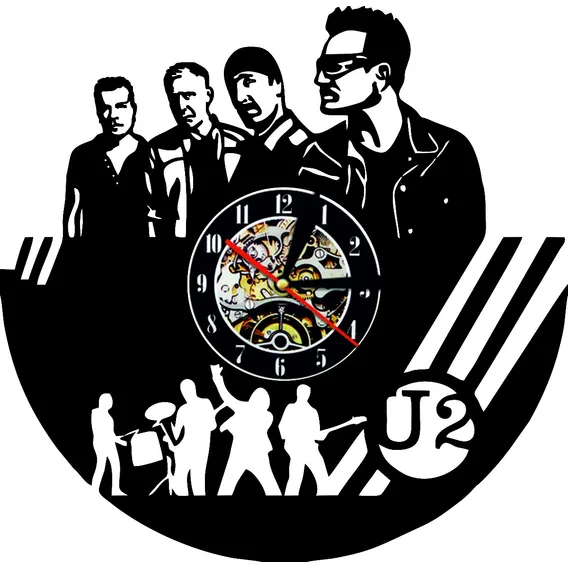 Rel贸gio Parede, Disco Vinil, U2, Banda, Guitarra, Rock Estrutura Preto Fundo Preto Foto 1