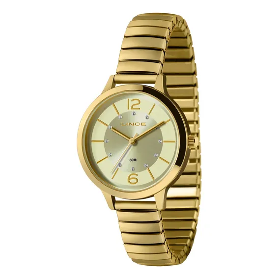 Relogio Pulso Feminino Lince Dourado Pulseira Elastico Foto 1
