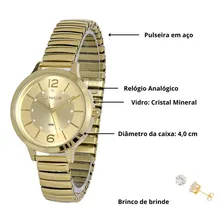 Relogio Pulso Feminino Lince Dourado Pulseira Elastico Foto mini 3