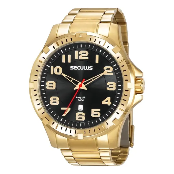 Rel贸gio Seculus Masculino Anal贸gico Dourado A莽o Calend谩rio Foto 1