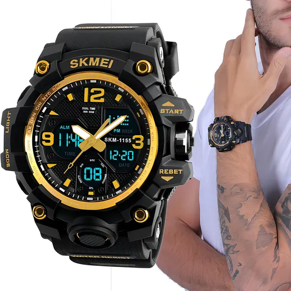Relógio Skmei 1155 Digital E Ponteiro Esportivo Dourado Foto 1