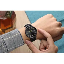 Rel贸gio Slim Ultra Fino Top De Linha Elegante, S贸brio ,luxo Correia Preto Bisel Preto Fundo Preto Foto mini 2
