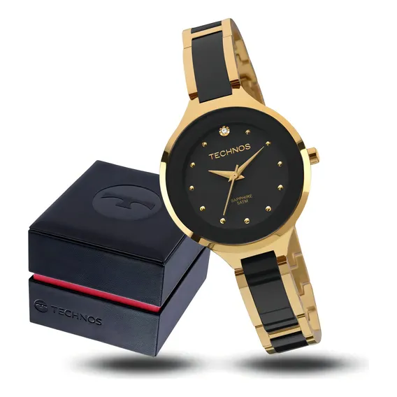 Rel贸gio Technos Feminino Ceramic Safira Preto E Dourado Foto 1