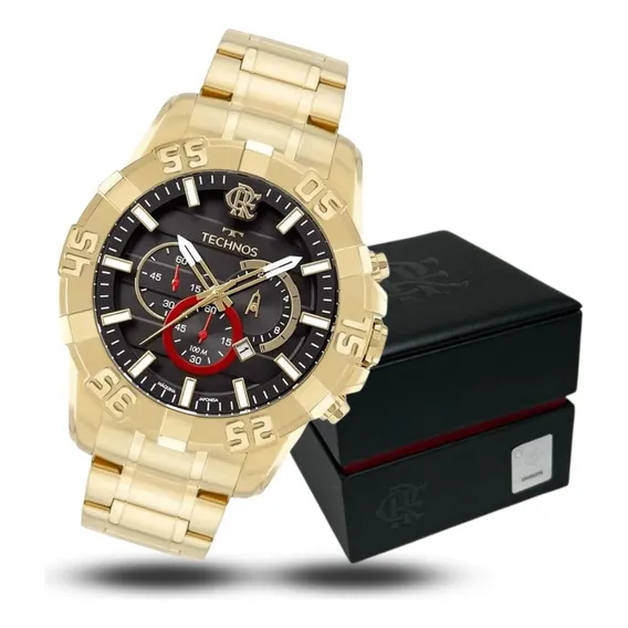 Relógio Technos Masculino Cronógrafo Dourado Flamengo Foto 1
