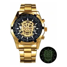 Relógio Top Winner Automático Corda Skeleton Caveira Dourado Foto mini  2