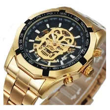 Relógio Top Winner Automático Corda Skeleton Caveira Dourado Foto  mini 1