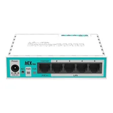 Roteador MikroTik RouterBOARD hEX Lite RB750R2 5 Portas Fast Ethernet 10/100mbps CPU 850 MHz 64MB Ram 1P PoE Passivo RouterOS Cor branco e azul-turquesa Bivolt 100V/240V Foto mini 1