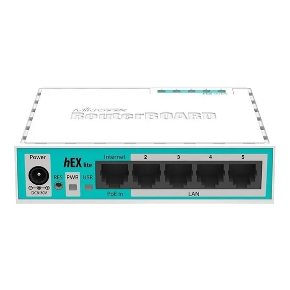 Roteador MikroTik RouterBOARD hEX Lite RB750R2 5 Portas Fast Ethernet 10/100mbps CPU 850 MHz 64MB Ram 1P PoE Passivo RouterOS Cor branco e azul-turquesa Bivolt 100V/240V Foto 1