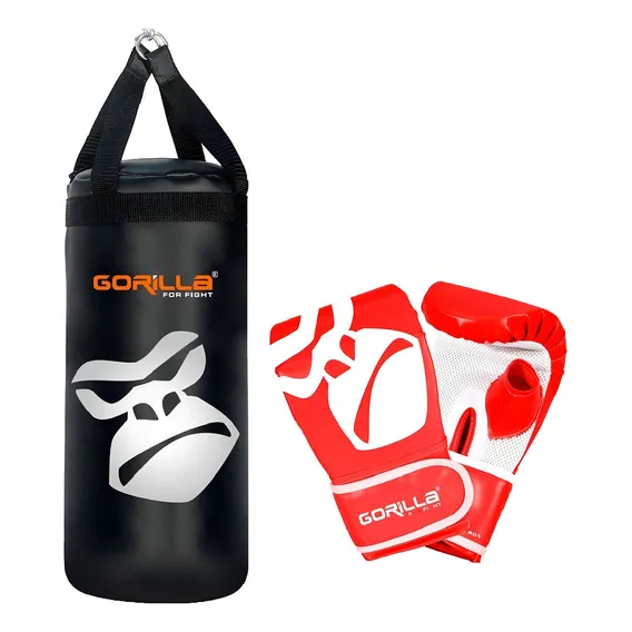 Saco Pancada + Luva Bate-saco Kit Muay-thai Infantil Gorilla Cor Vermelho Foto 1