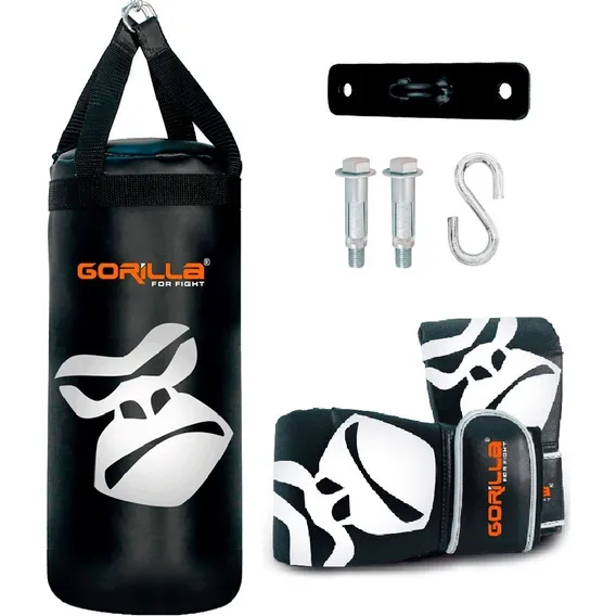 Saco Pancada + Luva Bate-saco + Suporte Kit Infantil Gorilla Cor Preto Foto 1