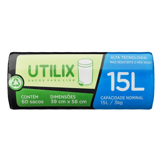 Saco para Lixo Rolo com 60 Unidades de 15 Litros Preto Utilix Foto 1