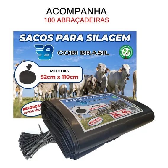 Sacos De Silagem 52x110 200 Micra 100un C/abraçadeira Cor Preto Foto 1