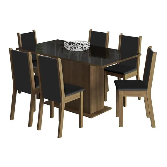 Sala Jantar Madesa Moscou Plus Mesa Tampo Vidro 6 Cadeiras Cor Rustic/Preto 045997K6XTPT Foto 1