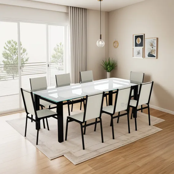 Sala Jantar Retangular 8 Lugares Alumínio Preto Tela Bege Foto 1