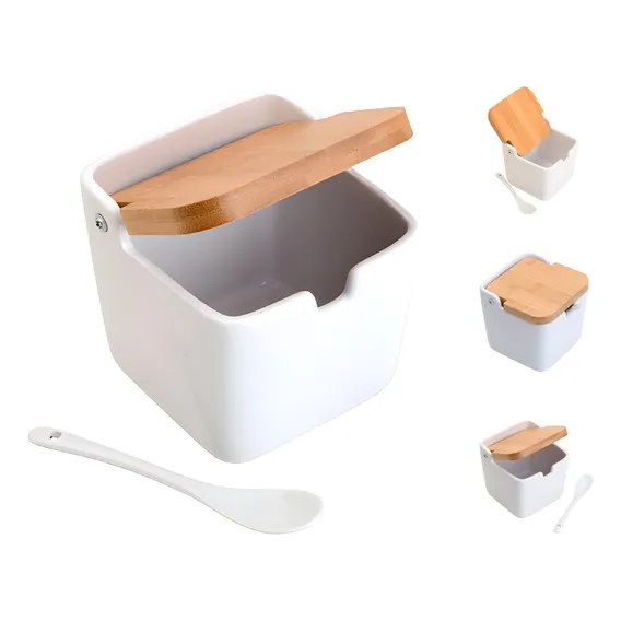Saleiro Cozinha Porcelana Com Colher Tampa Bambu Mesa Posta Cor Saleiro Mesa Posta Branco Foto 1