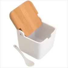 Saleiro De Mesa Posta Cerâmica Tampa Bambu Colher Porta Sal Foto mini 4