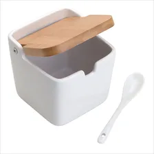Saleiro De Mesa Posta Cerâmica Tampa Bambu Colher Porta Sal Foto mini 2