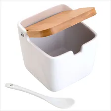Saleiro De Mesa Posta Cerâmica Tampa Bambu Colher Porta Sal Foto mini 3