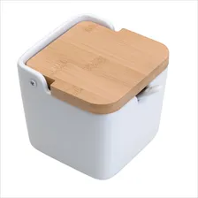 Saleiro De Mesa Posta Cerâmica Tampa Bambu Colher Porta Sal Foto mini 1