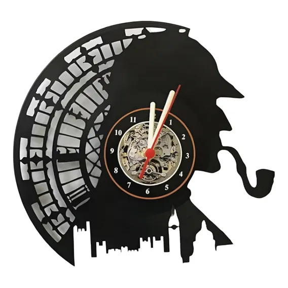 Sherlock Holmes ,rel贸gio, Parede,disco De Vinil, Retr么 Estrutura Preto Fundo Preto Foto 1