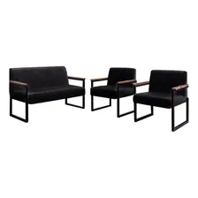 Sofá 2 Lugares E 2 Poltronas Em Aço Preto Fosco Corino Preto Foto mini 2