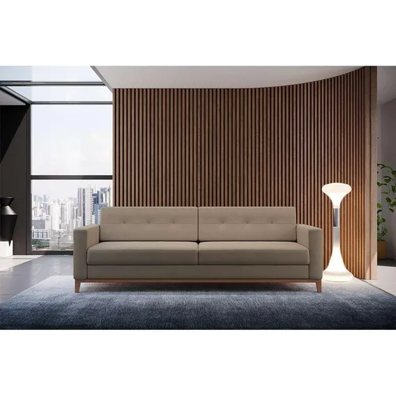 Sofá 3 Lugares Living Base De Madeira Linho Cotton Bege 2.. Cor Marrom-claro Foto 1