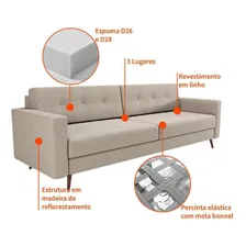 Sofá 3 Lugares Living Pé Palito Linho Cotton Cru 210 Cm Foto mini 4