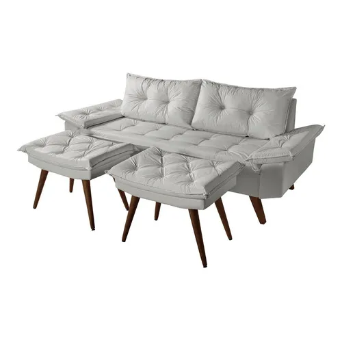 Sofa Bariloche 3 Lugares + Banquetas Couro Sintetico Cor Gelo Foto 1