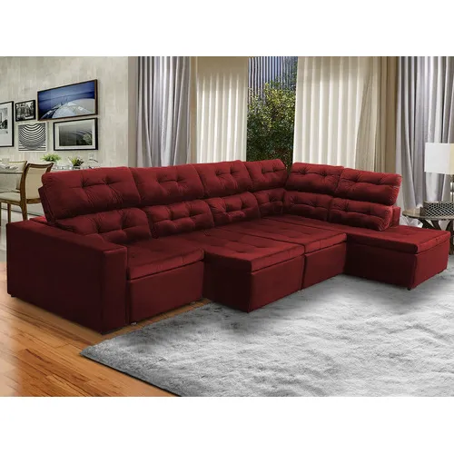 Sofá Chaise D Retrátil 373x220 Retrátil Suede Vermelho Bordô Foto 1