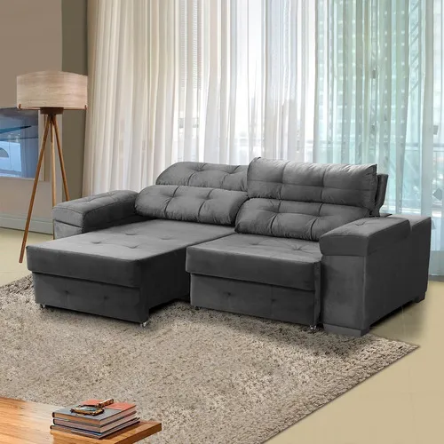 Sofá Cinza 220 Cm Retrátil Reclinável Bonnel Ravello Veludo Foto 1