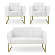 Sofá E 2 Poltronas Base Industrial Dourado Ana Sintético Bco Cor Branco Foto  mini 1