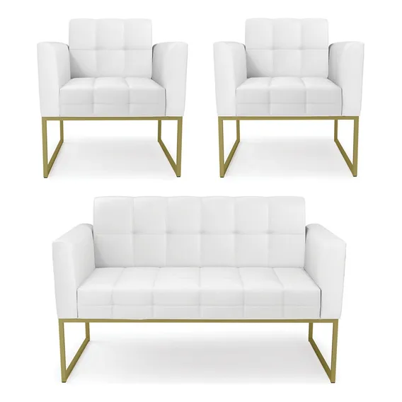 Sofá E 2 Poltronas Base Industrial Dourado Ana Sintético Bco Cor Branco Foto 1