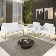 Sofá E 2 Poltronas Base Industrial Dourado Ana Sintético Bco Cor Branco Foto mini  2