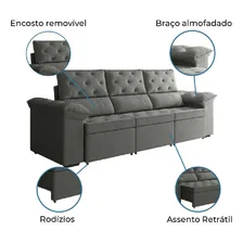 Sofá Retrátil 3 Lugares 2,10m York Suede Cinza Foto mini 4