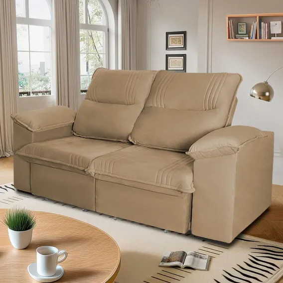 Sofá Retrátil Reclinável America 1,50m Suede Bege Foto 1