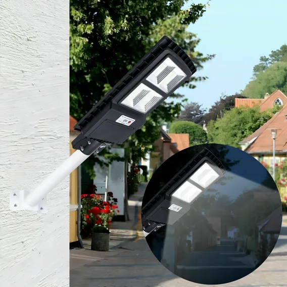 Solar Luminária Pública Poste Rua Led 100w C/sensor Preto Foto 1