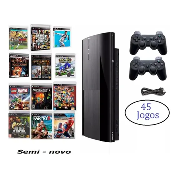 Sony Playstation 3 Super Slim +45 Jogos Com 2 Controles Standard Cor Preto Foto 1
