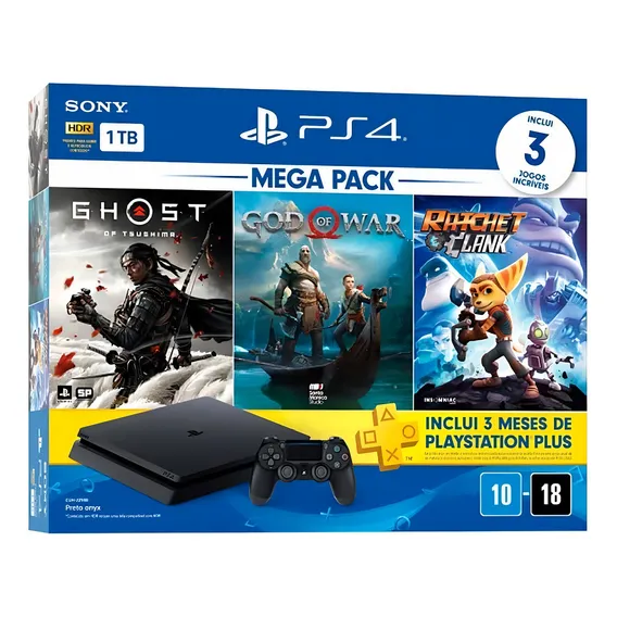 Sony PlayStation 4 Slim PlayStation 4 1TB Mega Pack: Ghost of Tsushima/God of War/Ratchet & Clank cor preto-azeviche Foto 1