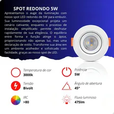 Spot Led Embutir Redondo 5w Bivolt 3000k Branco Quente Foto mini 2