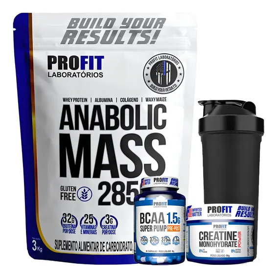 Suplemento Em Pó Profit Hipercalórico Mass 3kg + Bcaa + Creatina + Shaker Creatina Hipercalórico Mass 3kg + Bcaa + Creatina + Shaker Sabor Morango Em Refill De 3200ml Pacote X 4 U Foto 1