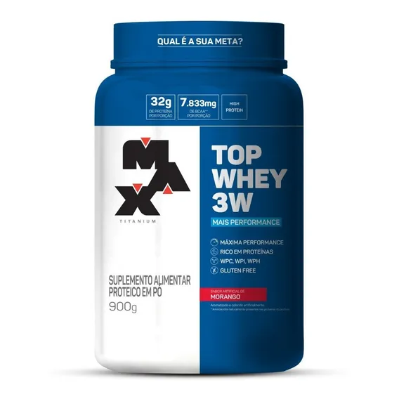 Suplemento Max Titanium Top Whey 3W morango 900g Foto 1