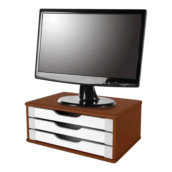 Suporte Para Monitor 3 Gavetas Mdf Escrit贸rio Tabaco Branco Foto 1