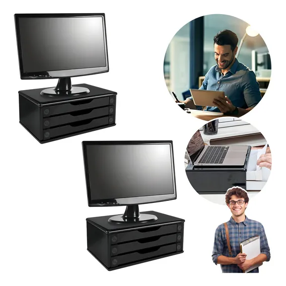 Suporte Para Monitor Preto Com 3 Gavetas - Kit 2 Unidades Foto 1
