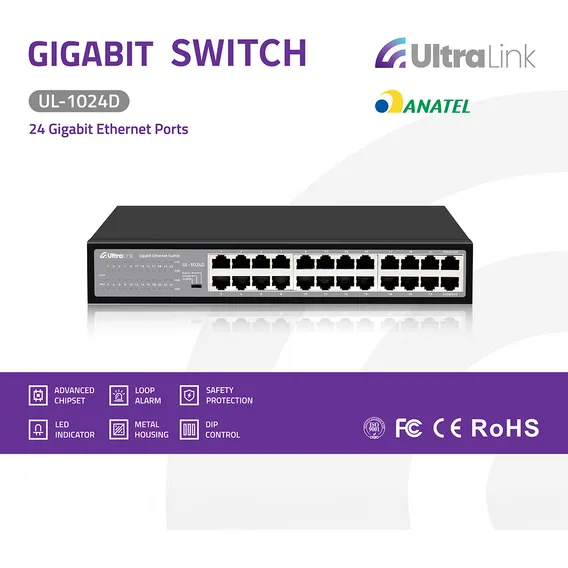 Switch Gigabit 24 Portas 10/100/1000 Ultra Link Ul-1024d Anatel Foto 1